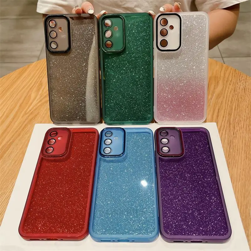 Coque en silicone à paillettes de luxe pour Samsung Galaxy, coque de protection en verre pour Samsung Galaxy A34, A54, A24, A14, A73, A32, A52, A72,