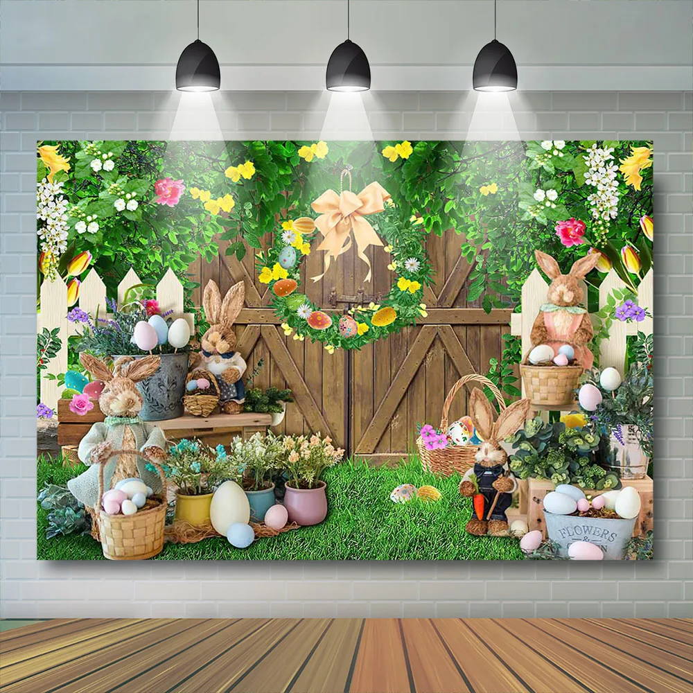 봄 부활절 사진 배경 어린이 아기 생일 파티 소품 토끼 계란 꽃 초원 Decors 어린이 초상화 배경