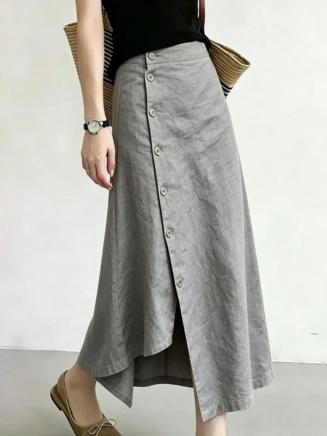 Gray Asymmetric Button Detail Split Mid-Length Women's Skirt Fashionable High Waist Slimming Casual Style Breathable Fabric