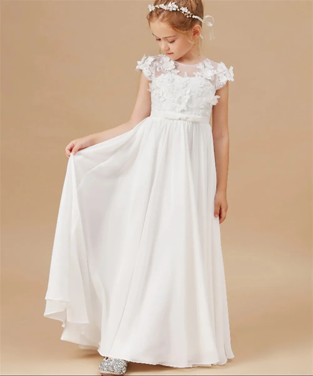 Vestido de novia elegante personalizado con flores para niña, apliques blancos, cinturón con lazo de encaje, vestido de primera comunión hinchado para niña, vestido de fiesta de cumpleaños