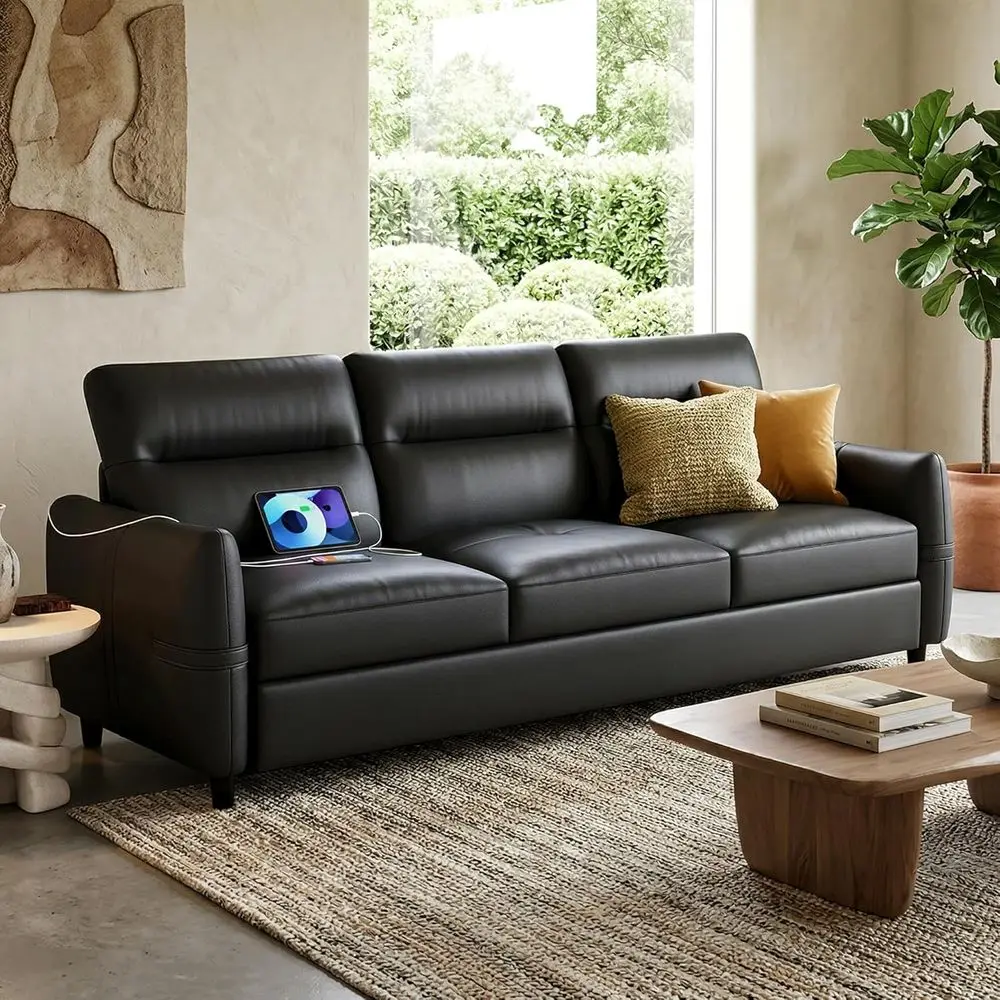 

85 Black Auxiliary Leather 3-Seater Sofa with USB Port for Living Room or Bedroom