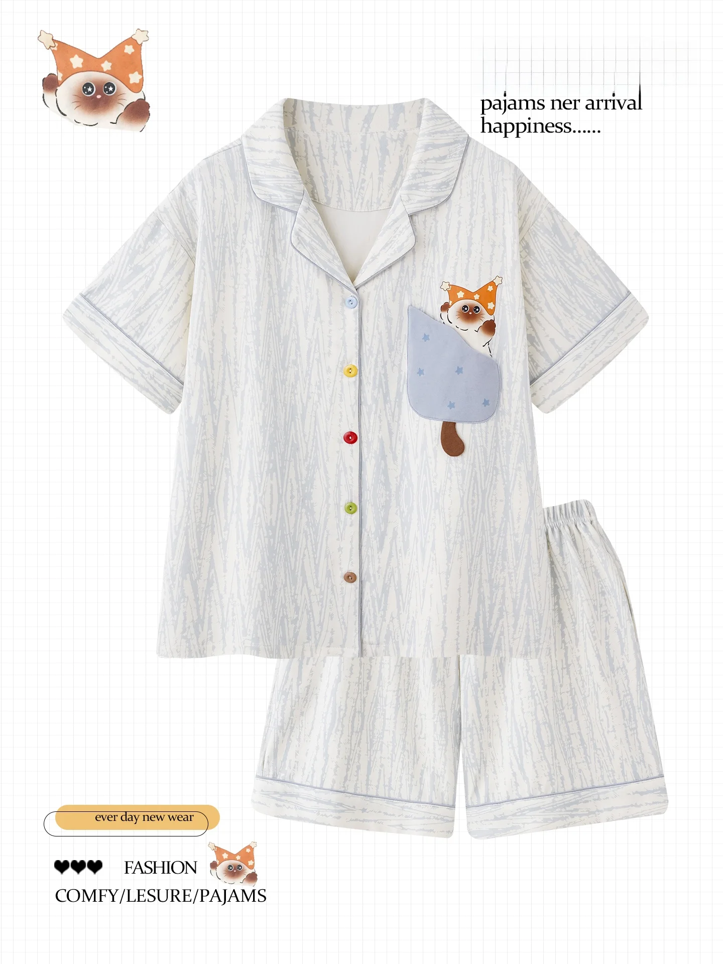 ブルーストライプのかわいい猫柄の純綿生地-00-綿女性の半袖夏パジャマ学生ホーム服軽量で快適