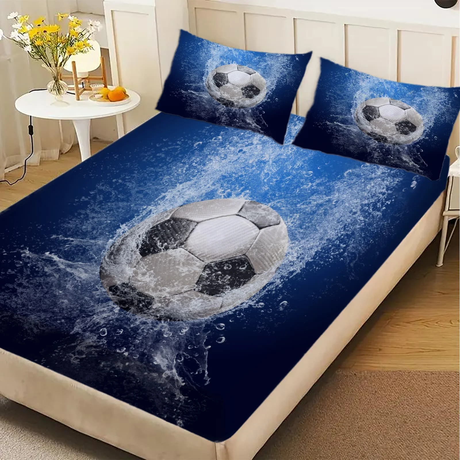 1pc Soccer Ball with Water Splash Print Fitted Sheet Deep Pocket Elastic Mattress Cover Single Double Queen King Bedroom Decor