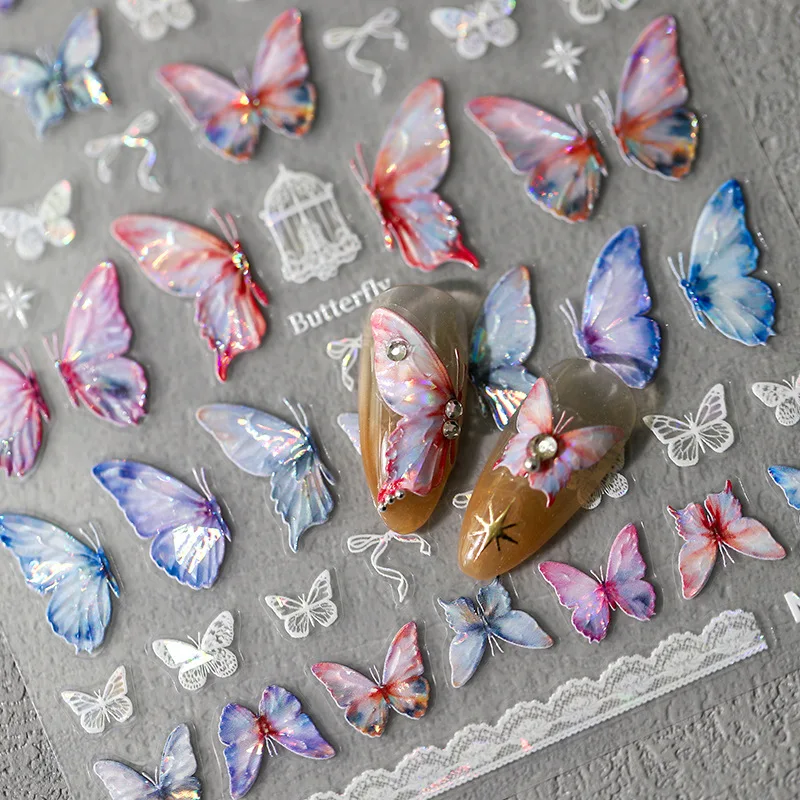 Colorful Illusion Gold Polarized Butterfly 3D Self Adhesive Nail Art Decorations Stickers Delicate Manicure Decals Wholesale