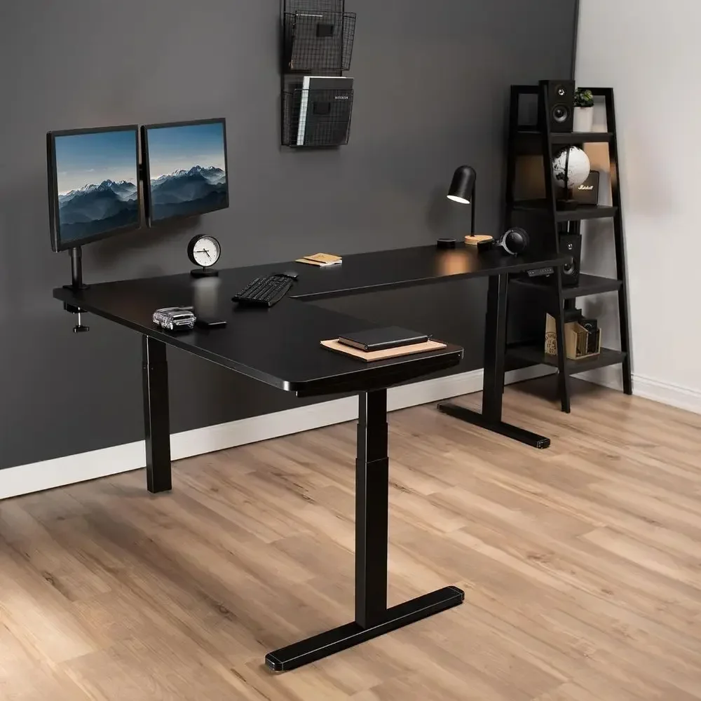 L-Shaped Electric Adjustable Desk, 83 x 60, 2 Black Tops, Memory Controller