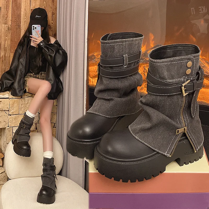 Ankle Boots for Women Cowboy Flats Platform Shoes  Fashion Designer Zipper Winter Gothic Boots New Walking Dress Mujer Botas view 2