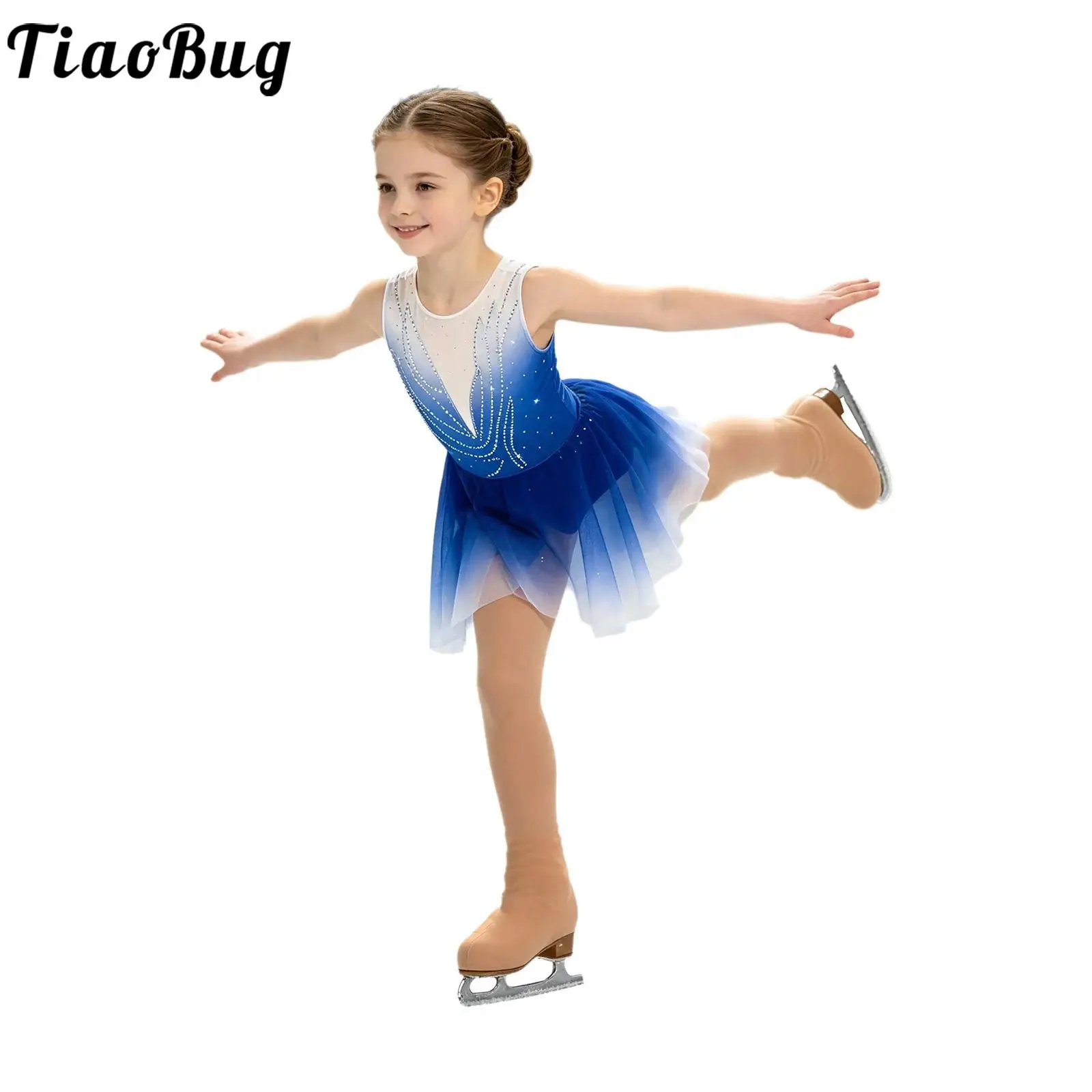 Kids Girls Figure Skating Gradient Leotard Dress Performance Gymnastics Ballet Rhinestones Sleeveless Mesh Hem Bodysuit Dress