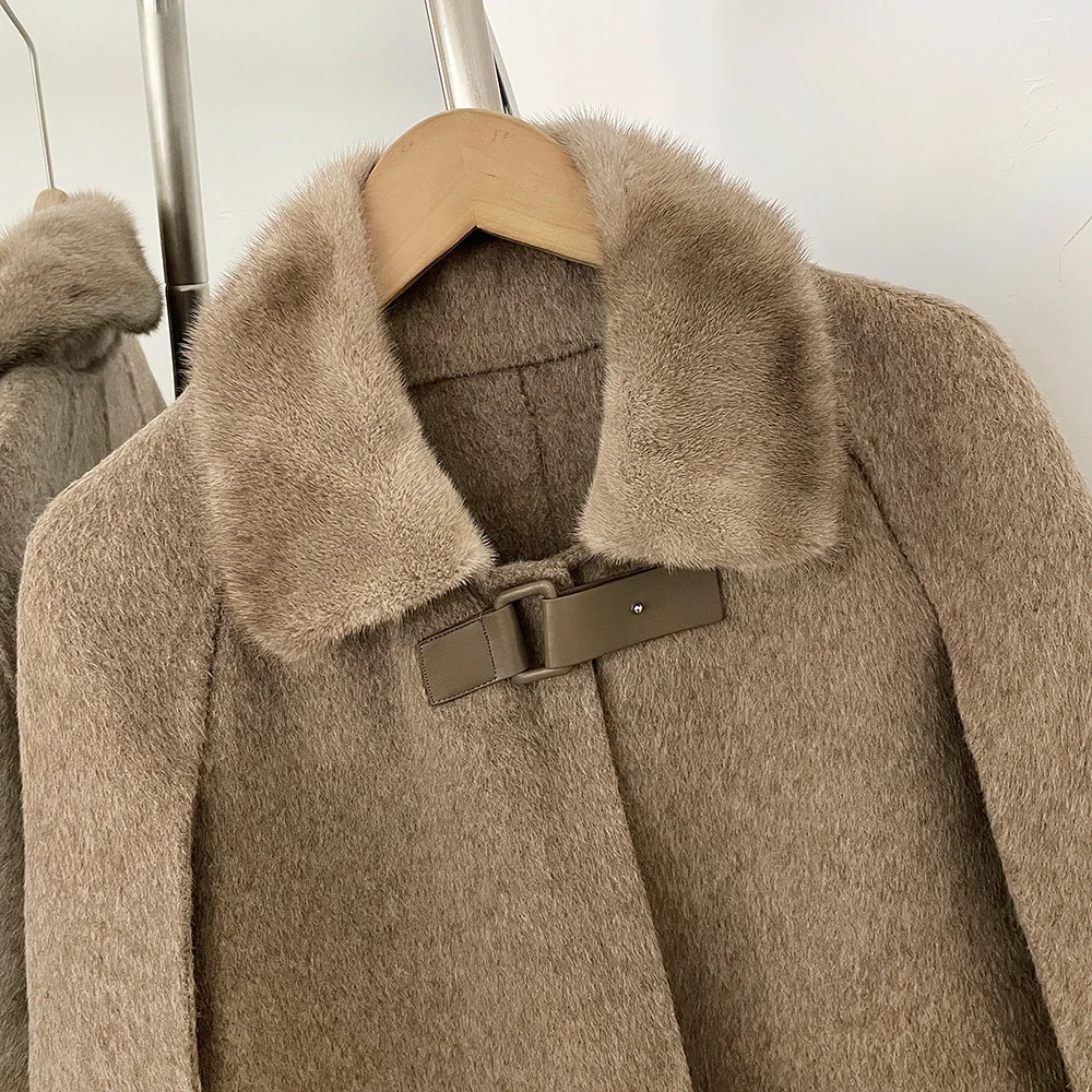OFTBUY Neue Winter-Kaschmirkleidung Damen-Oberbekleidung Cape-Mantel Wollmantel Echter Nerzpelzkragen Schnallenverschluss Vorne Mittellange Wolljacke – Detail 4