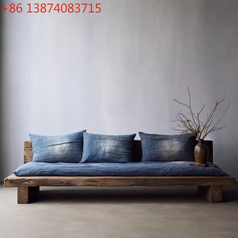 Outdoor log straight row sofa, anti-corrosive teak wabi sandy wind open-air solid wood sofa