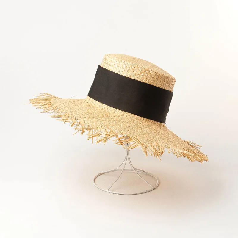 

X302 Hand-woven Large Brim Flat Top Raffia Straw Hat Outdoor Travel Sunshade Sunscreen Beach Cap Straw Panama Hat