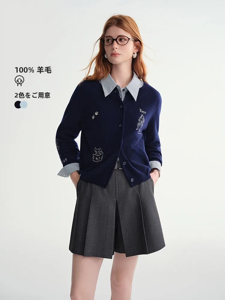 

Cute Pet Par Large Size Women's Knitted Cardigan Embroidered round Ne Winter Warm Woolen Sweater Casual Loose Fit Sle