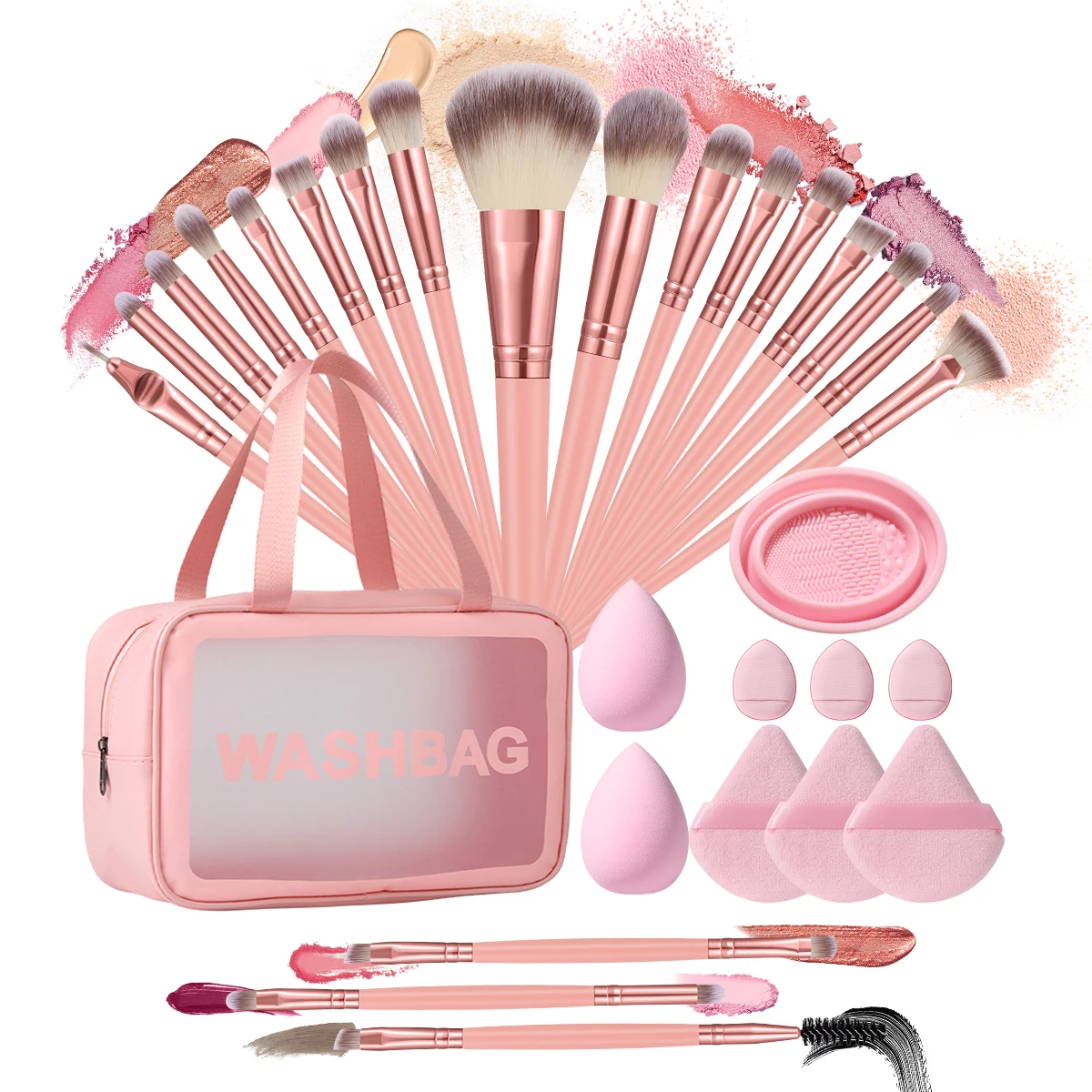30PCS Makeup Tools:1PCS Cosmetic Bag+20PCS Makeup Brush Set+2PCS Makeup Sponges+3PCS Triangle Powder Puffs+4PCS Makeup Tools