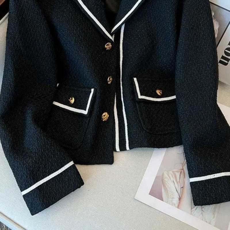 Women\'s Small Fragrance Style Short Coarse Woolen Blazer Retro Casual Contrasting Color Hook Edge Woolen Suit Collar Jacket Coat