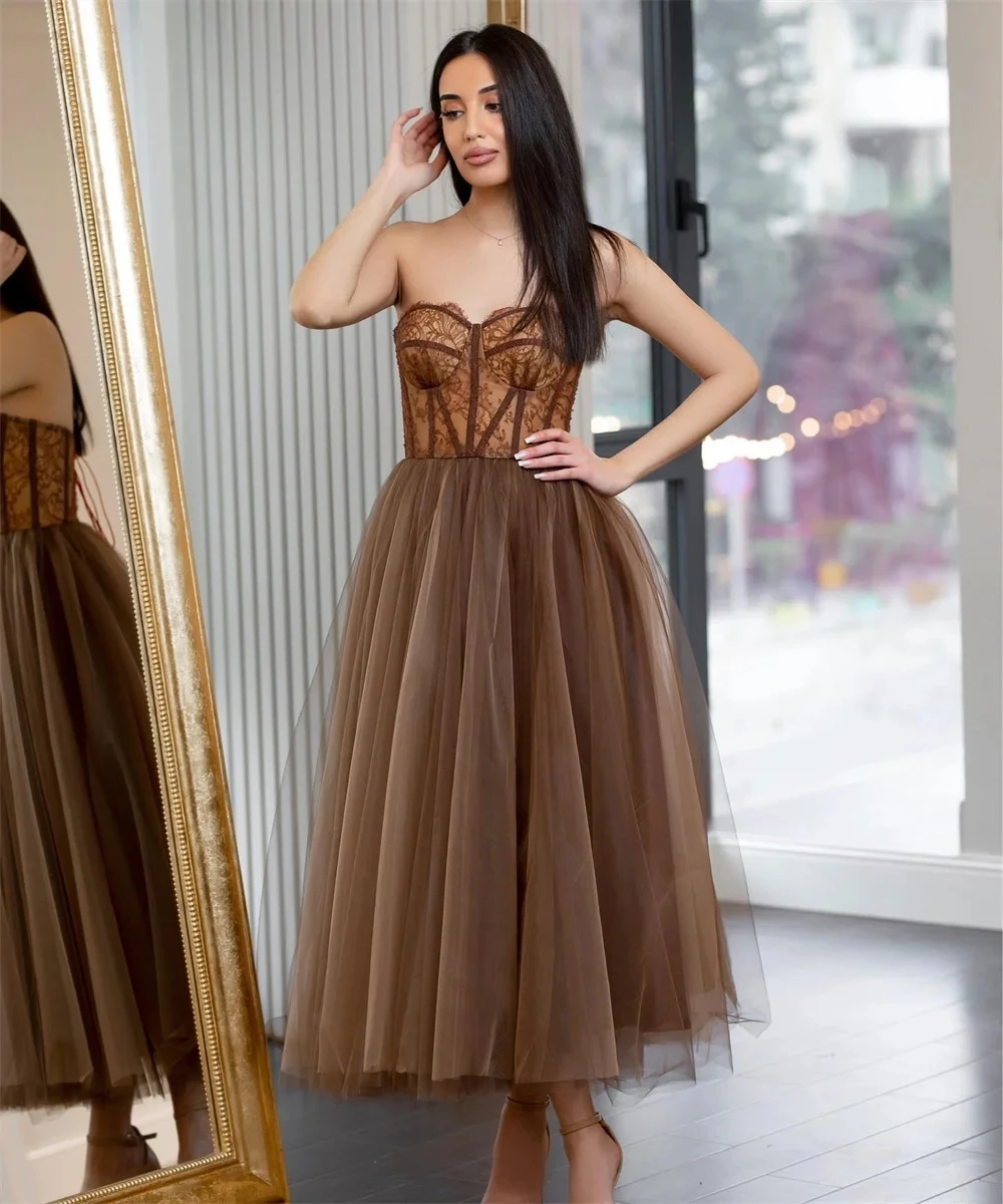 

New Arrival Brown Prom Birthday Dress 2026 Strapless Lace Up Ankle-Length Tulle Evening Formal Party Gowns Vestidos De Feast