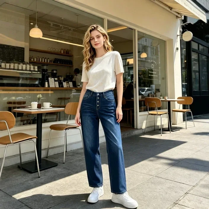 Women's Blue High-Waisted Jeans, Relaxed-Fit Slimming Straight-Leg Cropped Jeans with Rolled Hems