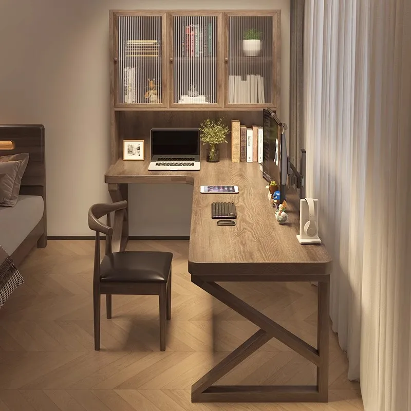 Corner desk with glass bookcase integrated solid wood computer desk learning table simple L-shaped home writing table