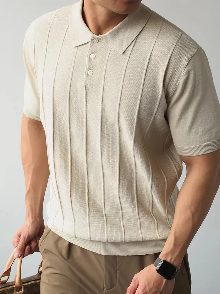Knitted Polo T Shirt Mens Half-Zip Collar Fashion Jacquard Striped T Shirts Korean Popular Leisure Knitwear Spring Summer Tee