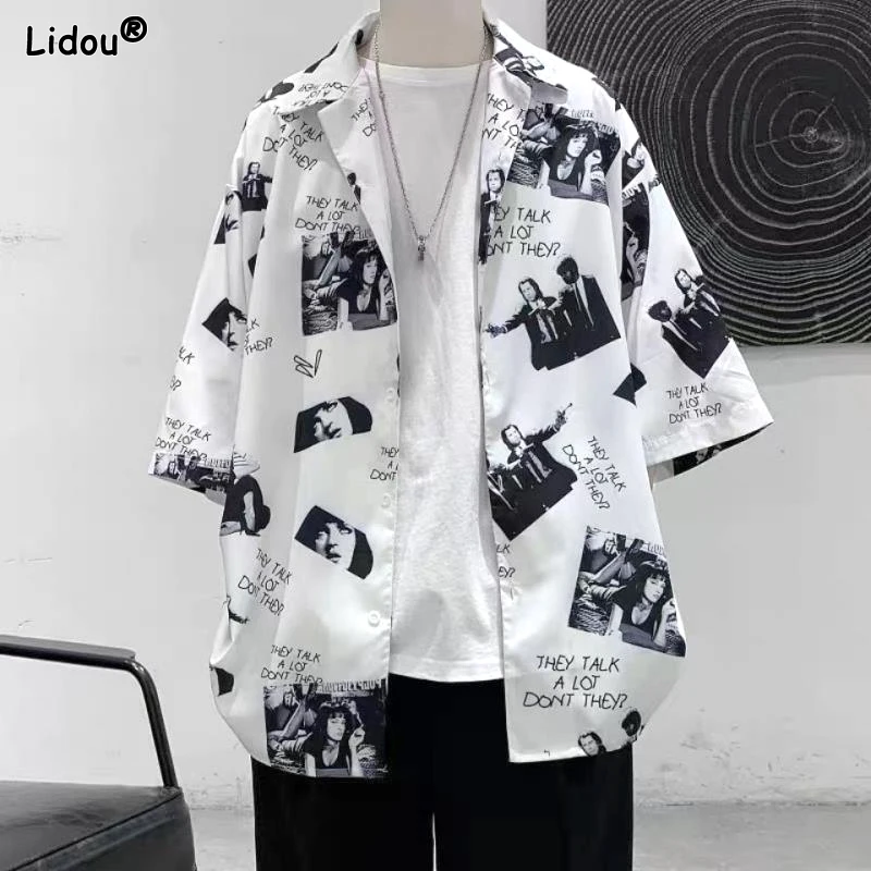 

2023 Men's Clothing Turn-down Collar Loose Printing Button Elbow Sleeve Thin Spring Summer Streetwear Man Casual Korean Shirts