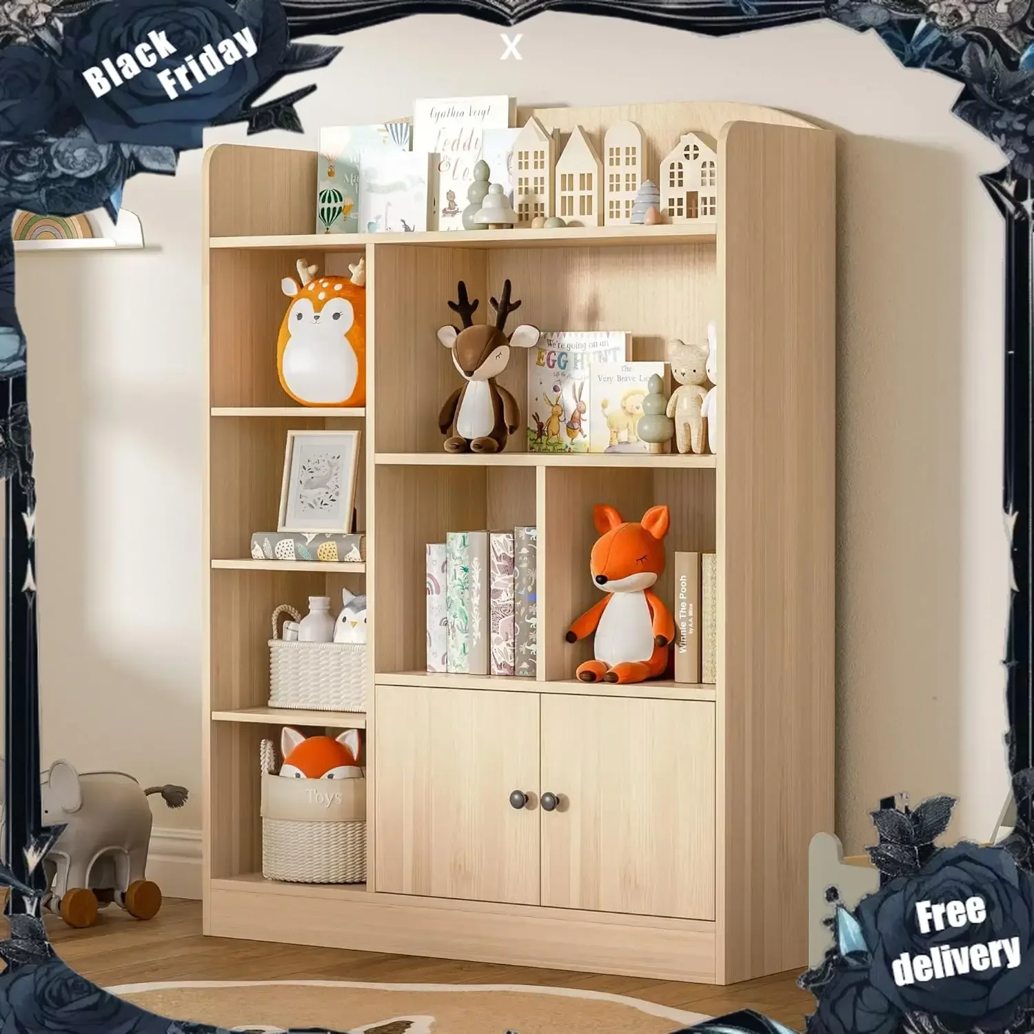 Bookshelf, Kids Bookcase with 7 Cubbies and 2 Cabinets, Freestanding Book Storage Shelves for Bedroom, Playroom