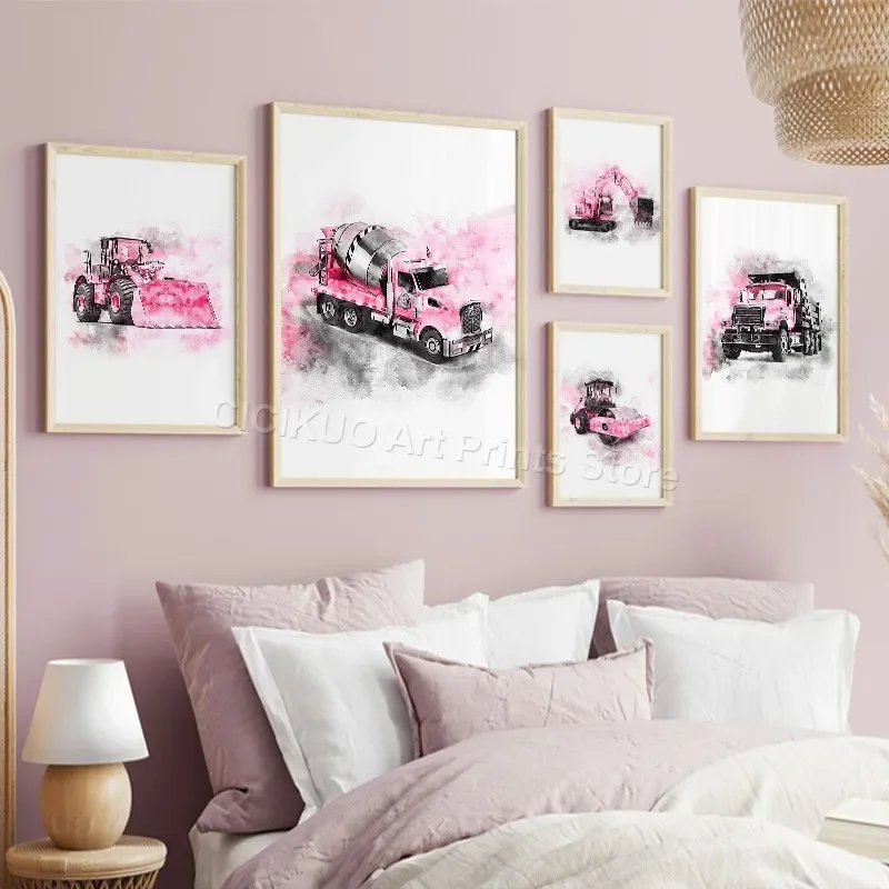 Pink Watercolour Construction Vehicles Wall Art Canvas Painting Nordic Posters Prints Pictures Baby Nursery Toddler Room Decor