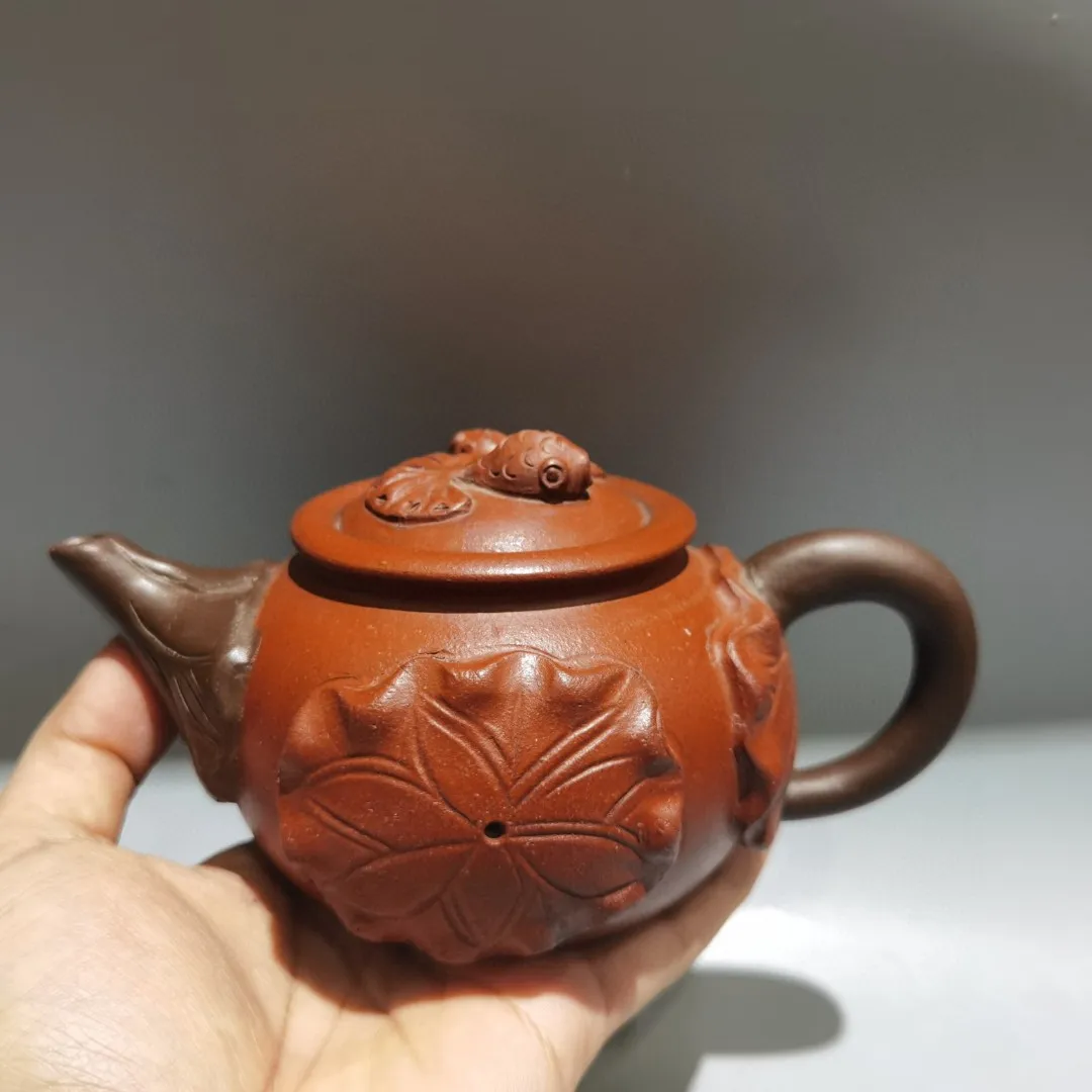 

7"Chinese Yixing Purple Clay Teapot Fish statue cover Lotus pattern pot Kettle Teapot Flagon Amass wealth Town house