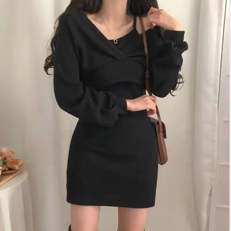 2024 Autumn Winter Women's Slim Solid Color Dress New French Style Hanging Mini Dresses Cover Up T-shirt Long Sleeved Set