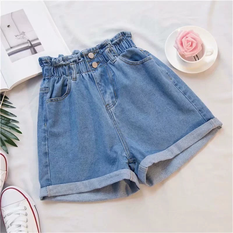 

Hot Pants Classic Blue Retro Denim Shorts For Women Harajuku Fashion Elastic Waist Version Slim Loose Casual Short Jean Pants