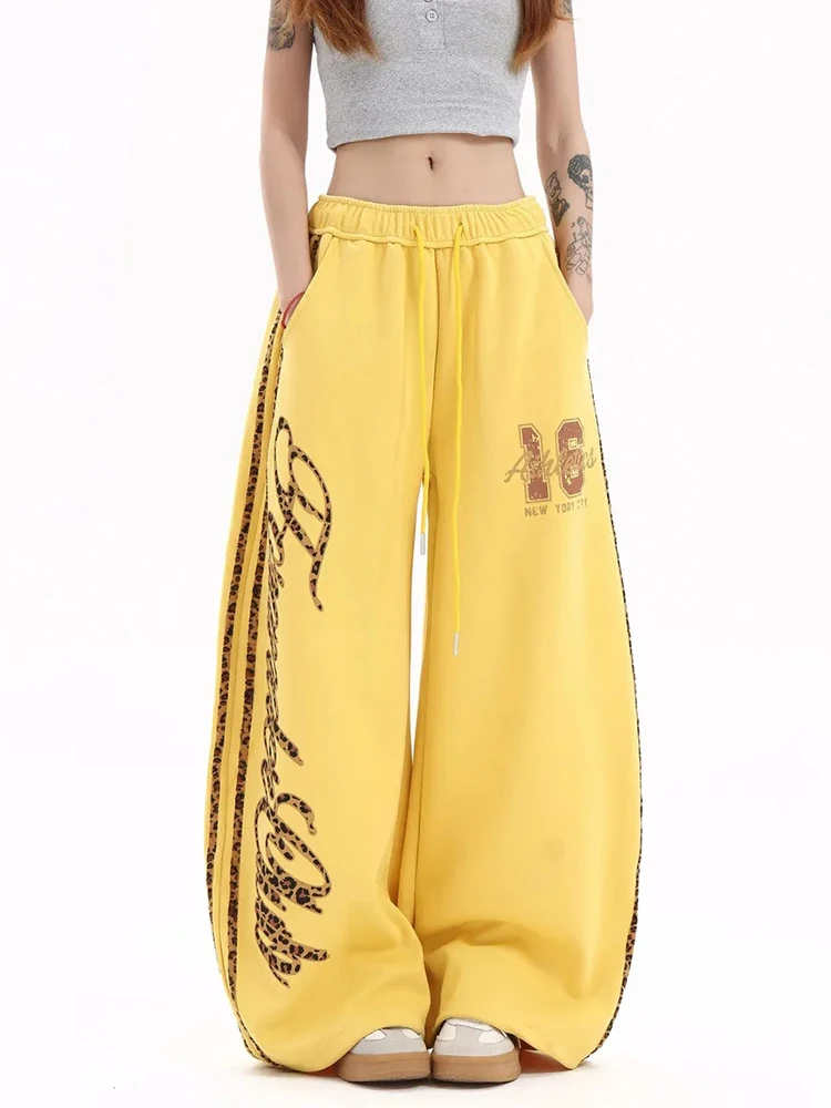 Streetwear Leopard Letter Pant Women Vintage American High Waist Hip Hop Striped Trousers Fall Winter Harajuku Bf Loose Pants