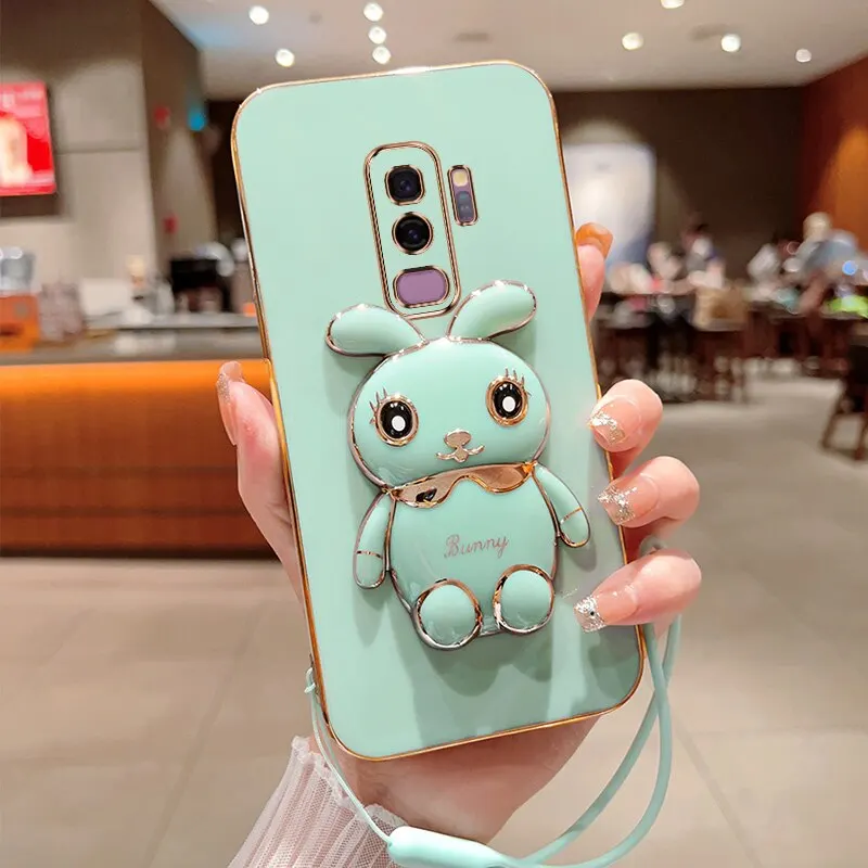 Phone Case For Samsung Galaxy S9 Plus Luxury Plating Square Rabbit Holder With Landyard Phone Case Cover