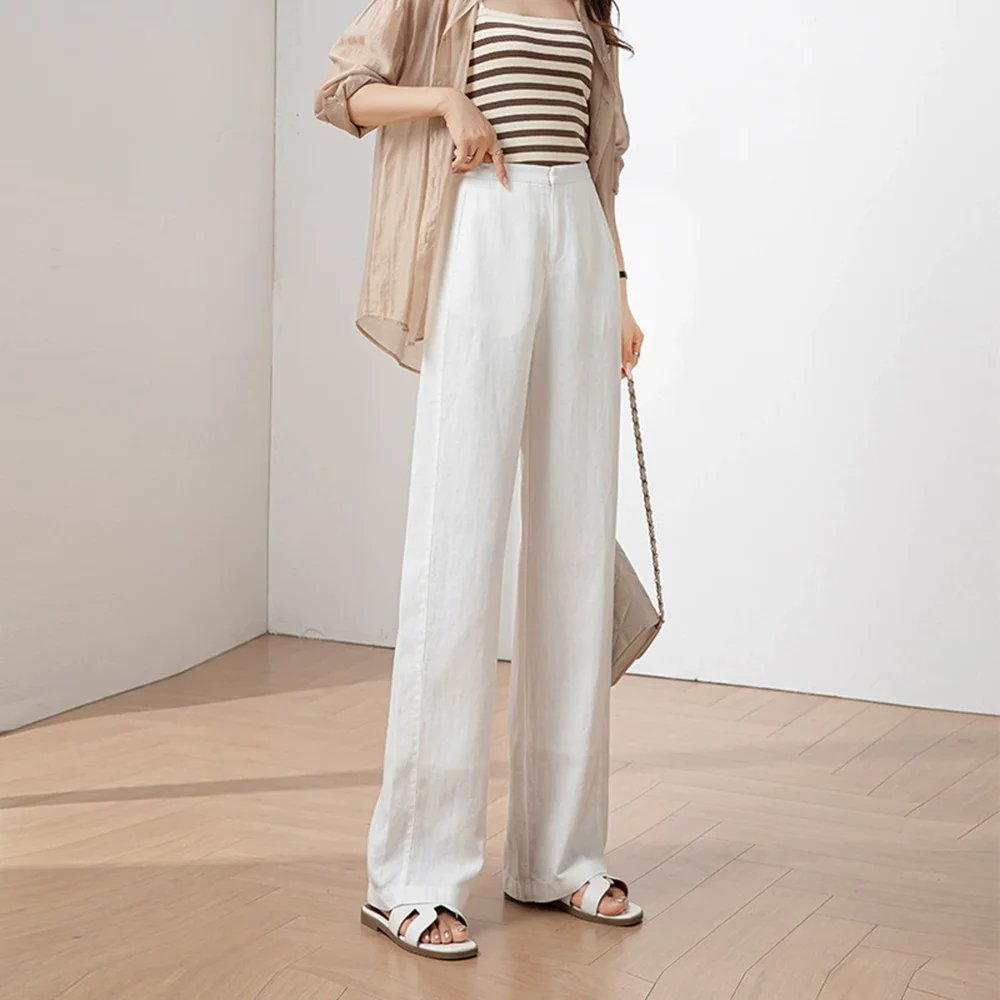 Women's Summer Thin Casual Full Length Pants Straight-Leg Cotton-Linen Blend Comfortable Fit Tencel Trousers