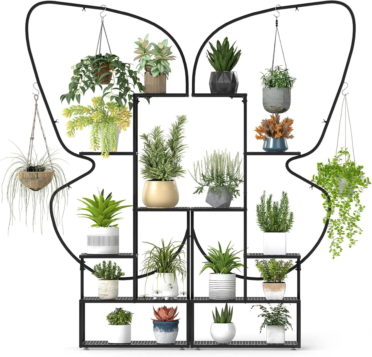 

2 Pack 6-Tier Metal Plant Stand, 73” Tall Butterfly Shaped Flowerpot Holder Shelf with 12 Metal Mesh Boards & 4 Hanging Hooks, I
