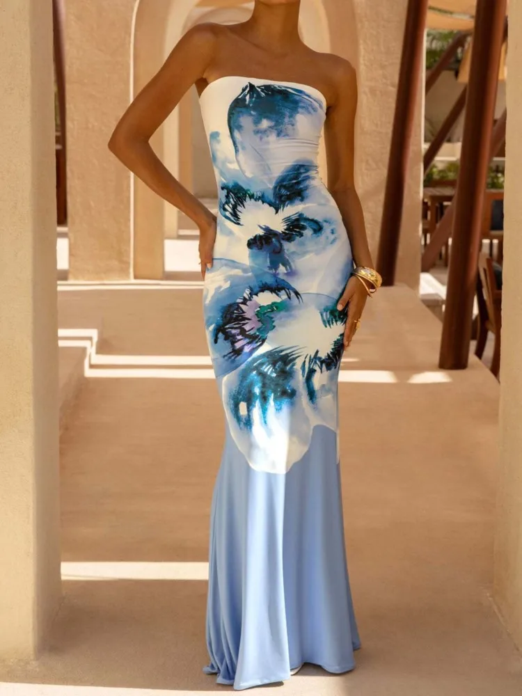 

Summer New Party Dresses For Woman Sexy Tube Top Slim Dress Printed Backless Vestidos Sleeveless Elegant Temperament Vacation