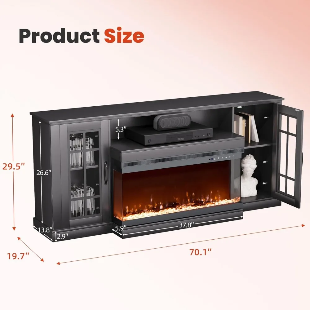 ファームハウススタイルの3面テレビスタンド、80インチテレビ用、ガラス扉付きエンターテイメントセンター、メディア収納キャビネット