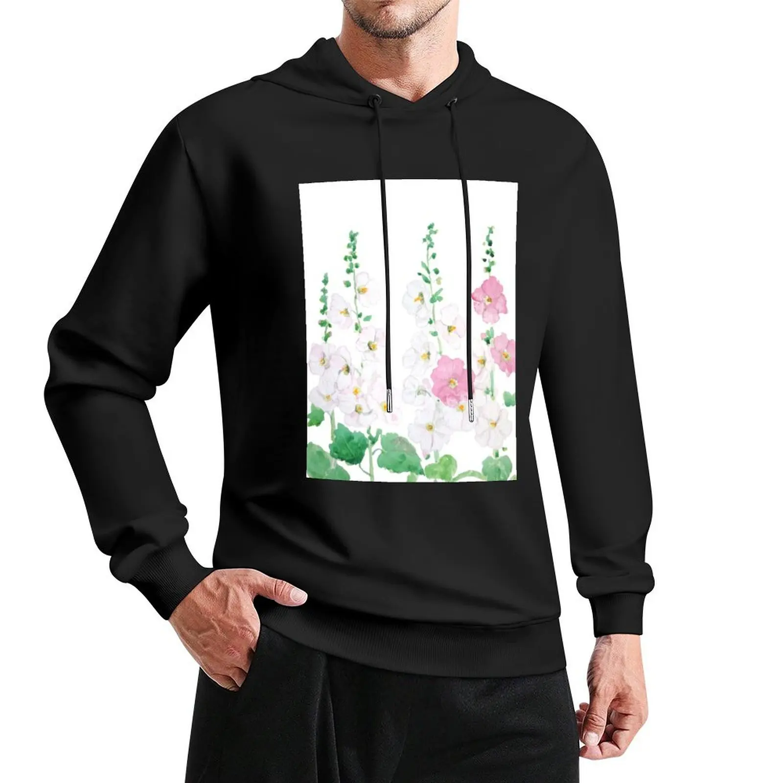 hand painted pink and white hollyhocks flowers watercolor Pullover Hoodie anime clothing blouse new hooded tee