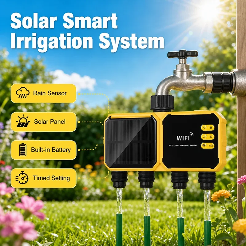 New Outdoor Solar WiFi 2/4 Zones Water Irrigation Timer APP Programmable Smart Garden Watering Controller Built-in Rain Delay
