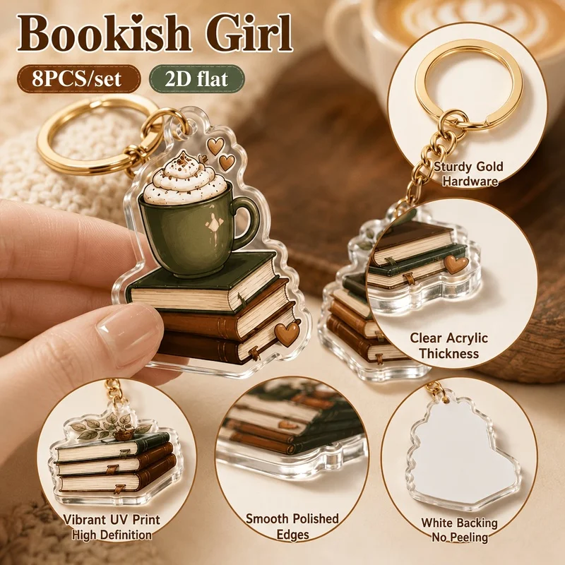 2D Flat 8pcs Book Lover Aesthetic Reading Theme Acrylic Keychain – Perfect Backpack School Bag Addition Gift for Women & Bookwor