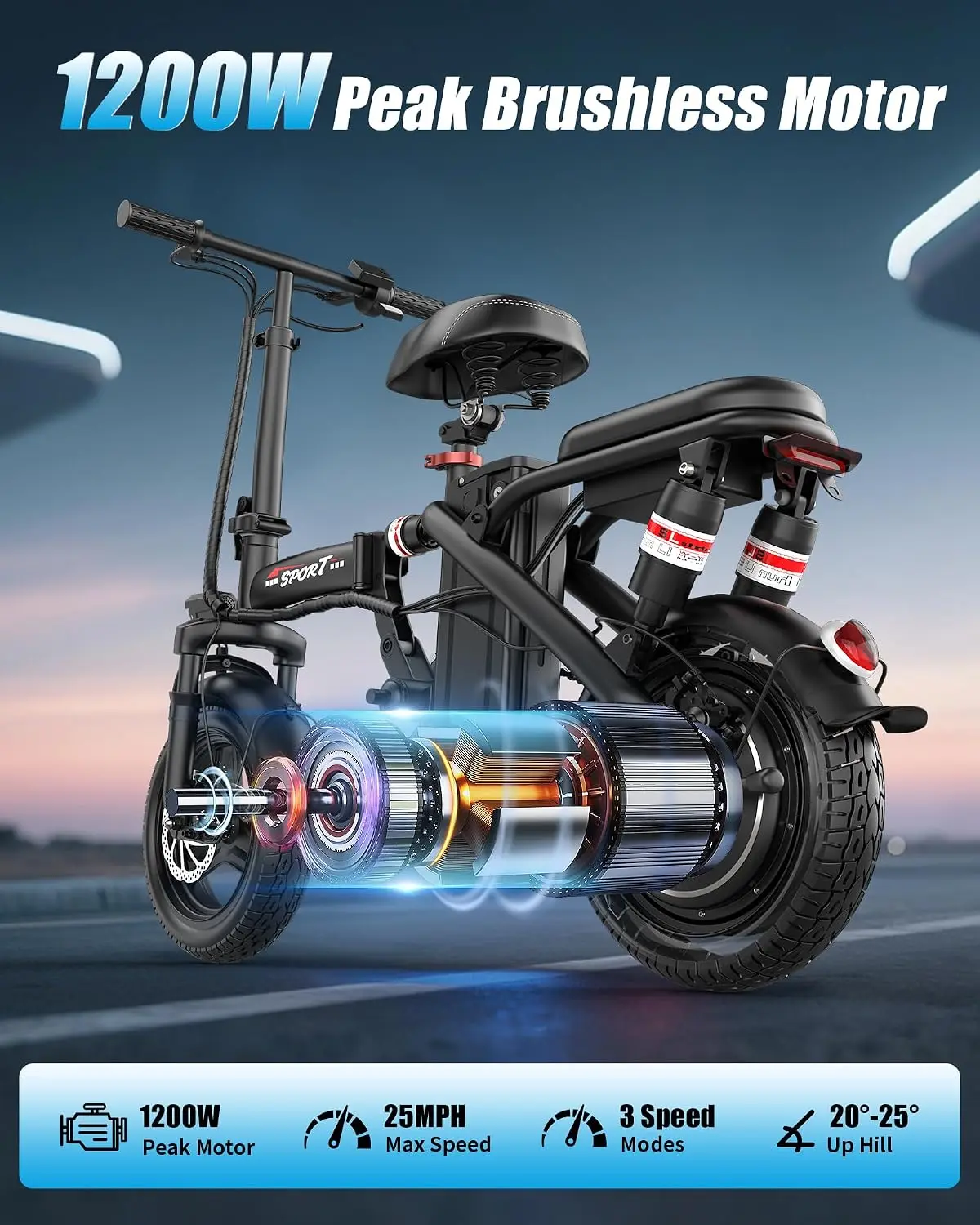 Foldable Electric Bike for Adults Teens, 1200W Peak Motor, Up to 25 MPH, 45 Miles PAS Range, Dual Suspension, 14”, Customized