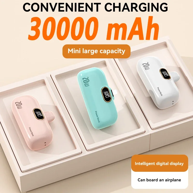 30000mAh Power Bank Built in Cable Portable Mobile Phone Charger External Battery Capsule Power Bank For Type-C iPhone 2025 New