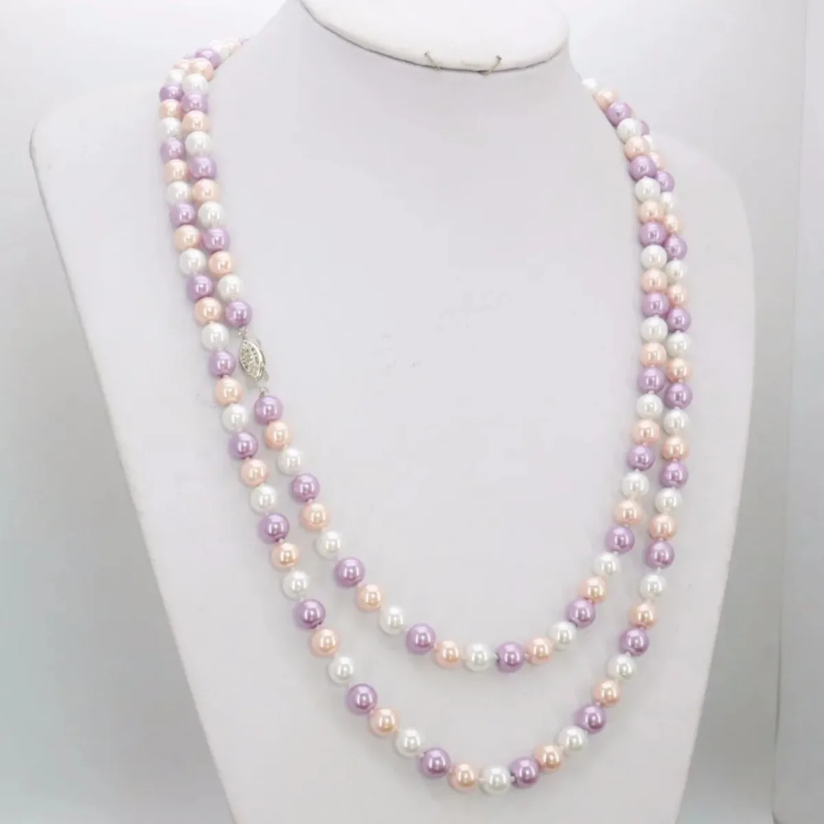 Long 50inch 8mm Round White Pink Purple Multicolor Shell Pearl Necklace Beads Neckwear DIY Jewelry Making Women Girls Gifts