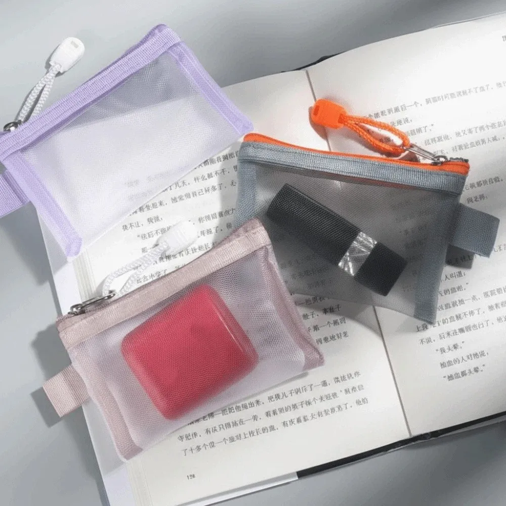 Change Storage Bag Mesh Zipper Bag Card Bag Cosmetic Bag Clear Mesh Bag Solid Color Data Cable Storage Bag