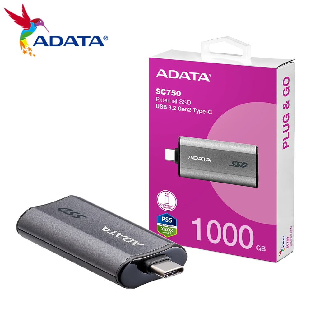 ADATA SC750 External SSD USB 3.2 500GB 1000GB Gen2 1050MB/s Portable Solid State Drive Built-in Retractable USB-C Drive