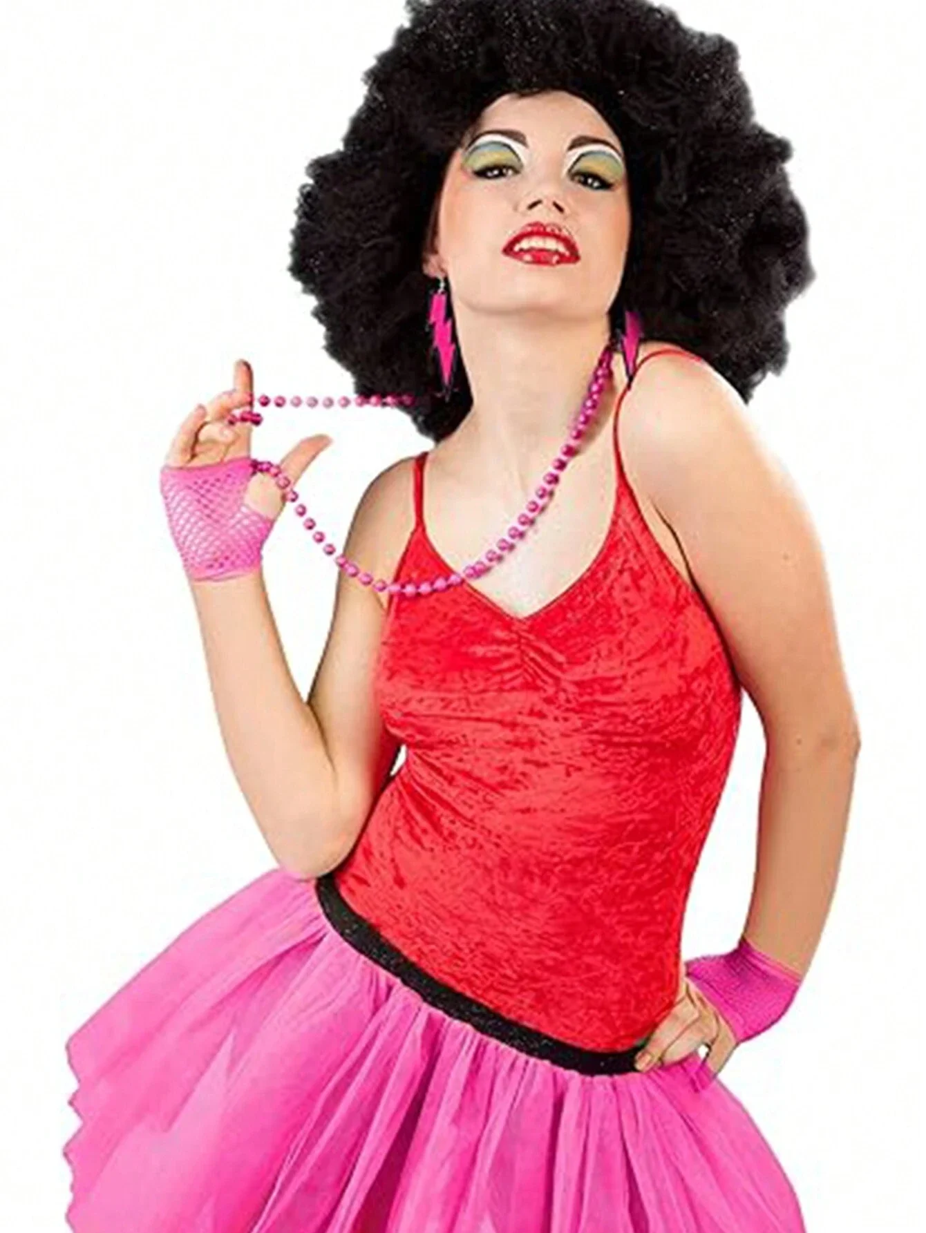 

Набор аксессуаров для неоновой вечеринки в стиле ретро 80-х: кружевная повязка на голову с бантом, серьги с молниями, ожерелье из бусин, перчатки-сетка, браслет.