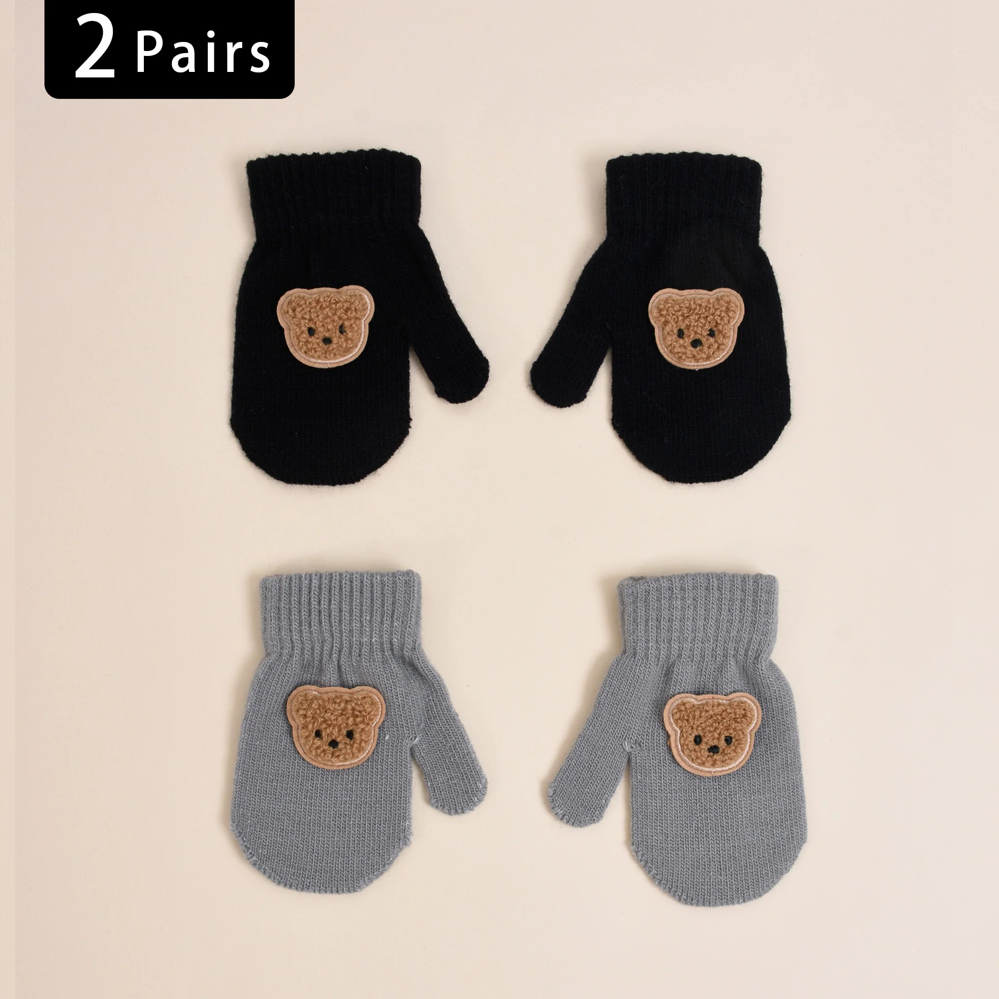 【2 Pairs】High-Elasticity Knitted Warm Gloves for Toddlers Aged 1-3 Years, Autumn and Winter, Cute Bear Fingerless Gloves for Babies/Children, Anti-Scratch and Anti-Bite, Suitable for Daily Casual Wear and Winter Cold Protection Single-Layer Gloves