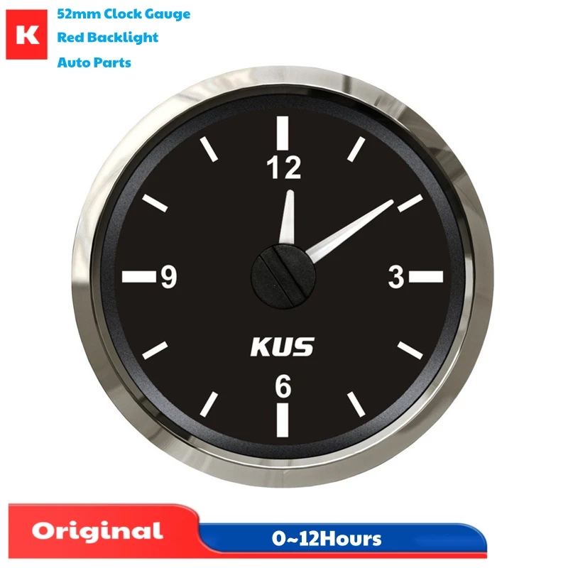 

KUS 52mm Red Backlight Clock Gauges Tuning 0-12Hours Display Clock Meters Black Hourmeters Time Gauges 12v/24v for Car Boat