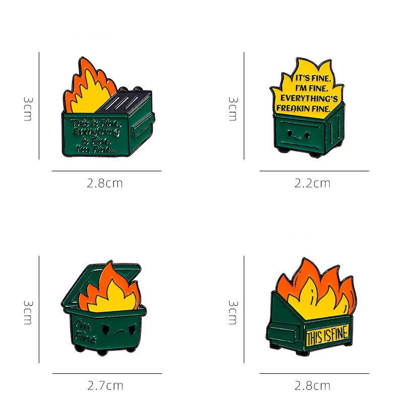 4pcs Cute Cartoon Trash Can Catch Fire Enamel Brooch Creative English Letter Lapel Pin Badge Backpack Clothing Hat Accessories