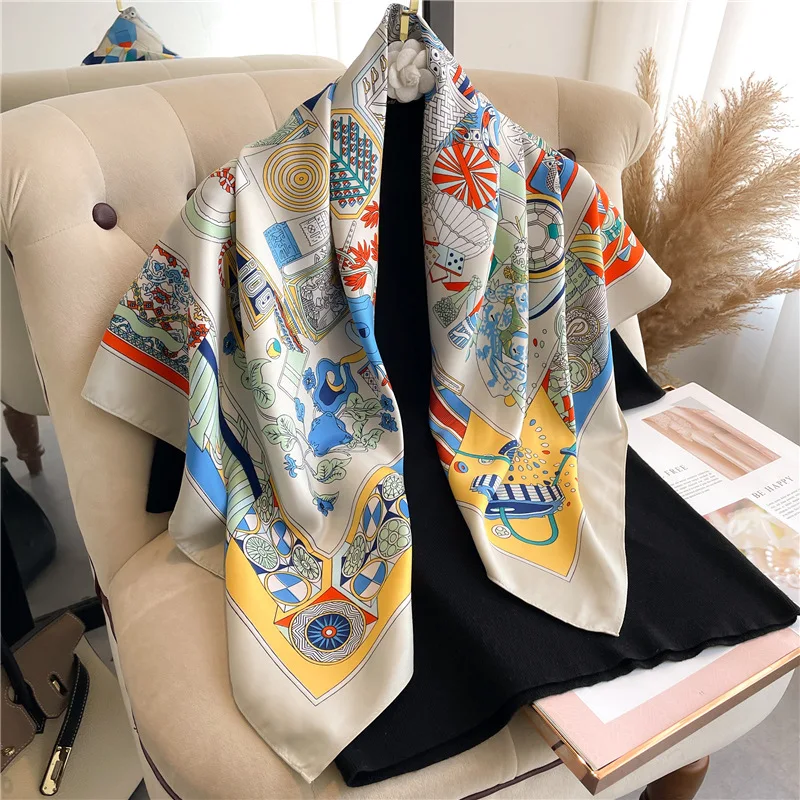 New Silk Scarf Women Luxury Design 90*90cm Soft Muslim Headband Beach Print Shawl Hijab Wraps Bandana Tie Bag Headbands Hairband