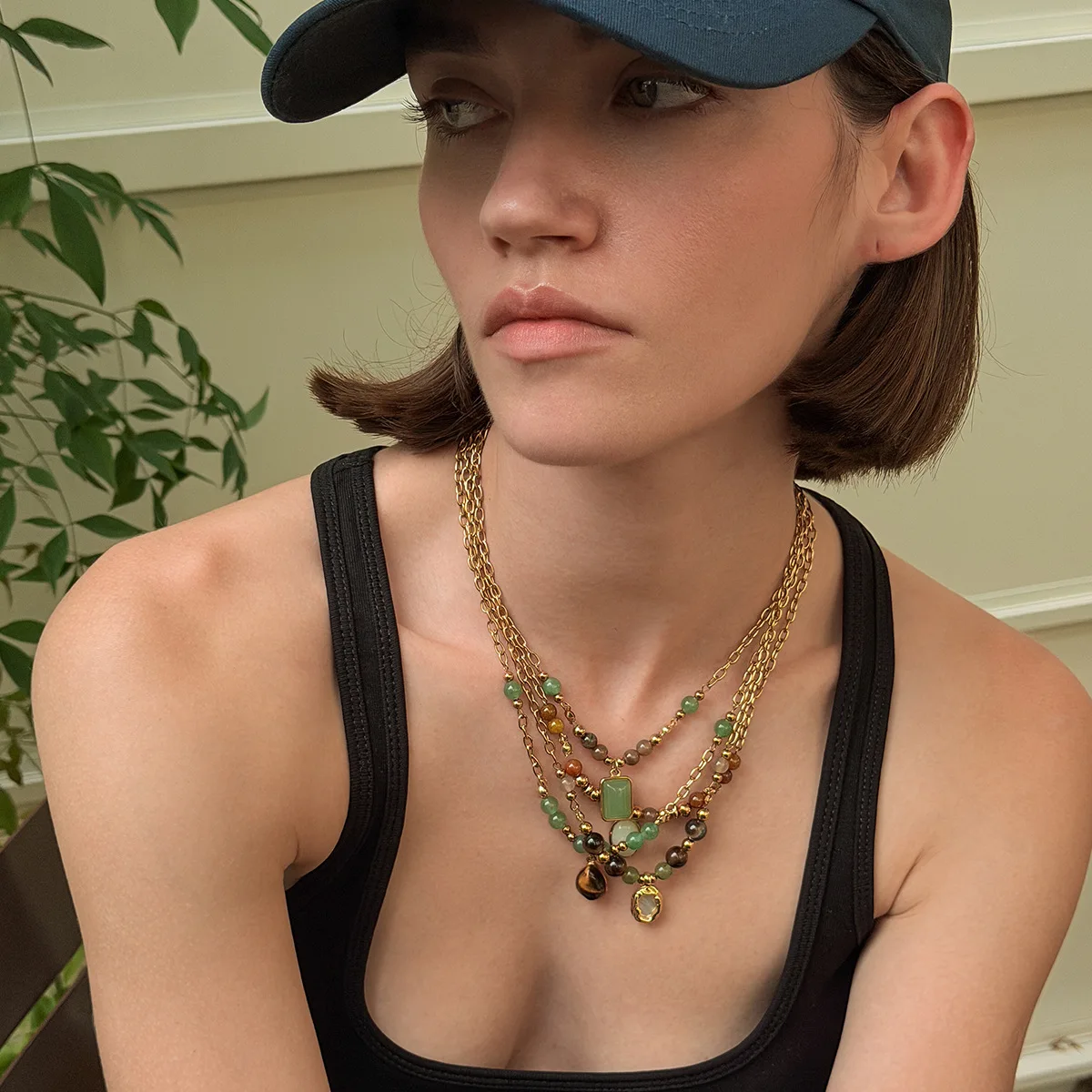 Vintage Beaded Choker Necklace with Colorful Gemstone Pendant Stainless Steel Durable Lightweight for Holiday Travel