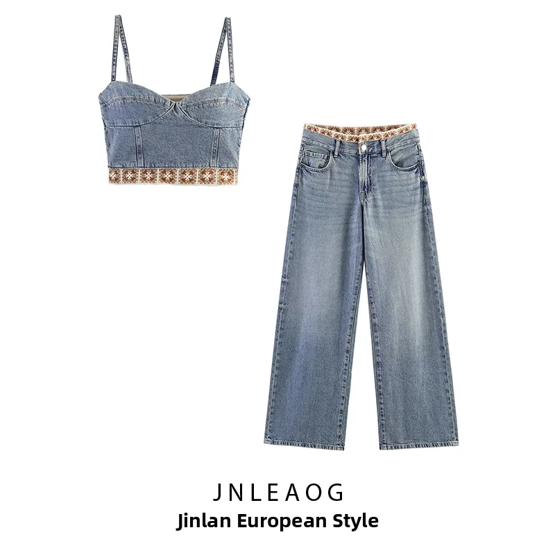 

JNLEAOG Summer New Women's Fashion Splicing Hook Needle Jeans Loose mid Waist Jeans Two Piece Set Polyester Fiber Loose Fit