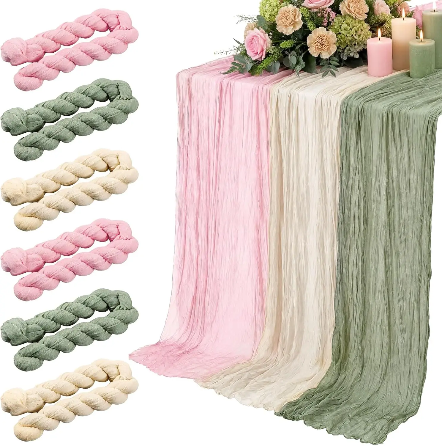 6pcs Cheesecloth Table Runner Sage Green Pink Boho Rustic Gauze Home Decor For Wedding Baby Shower Birthday Garden Party