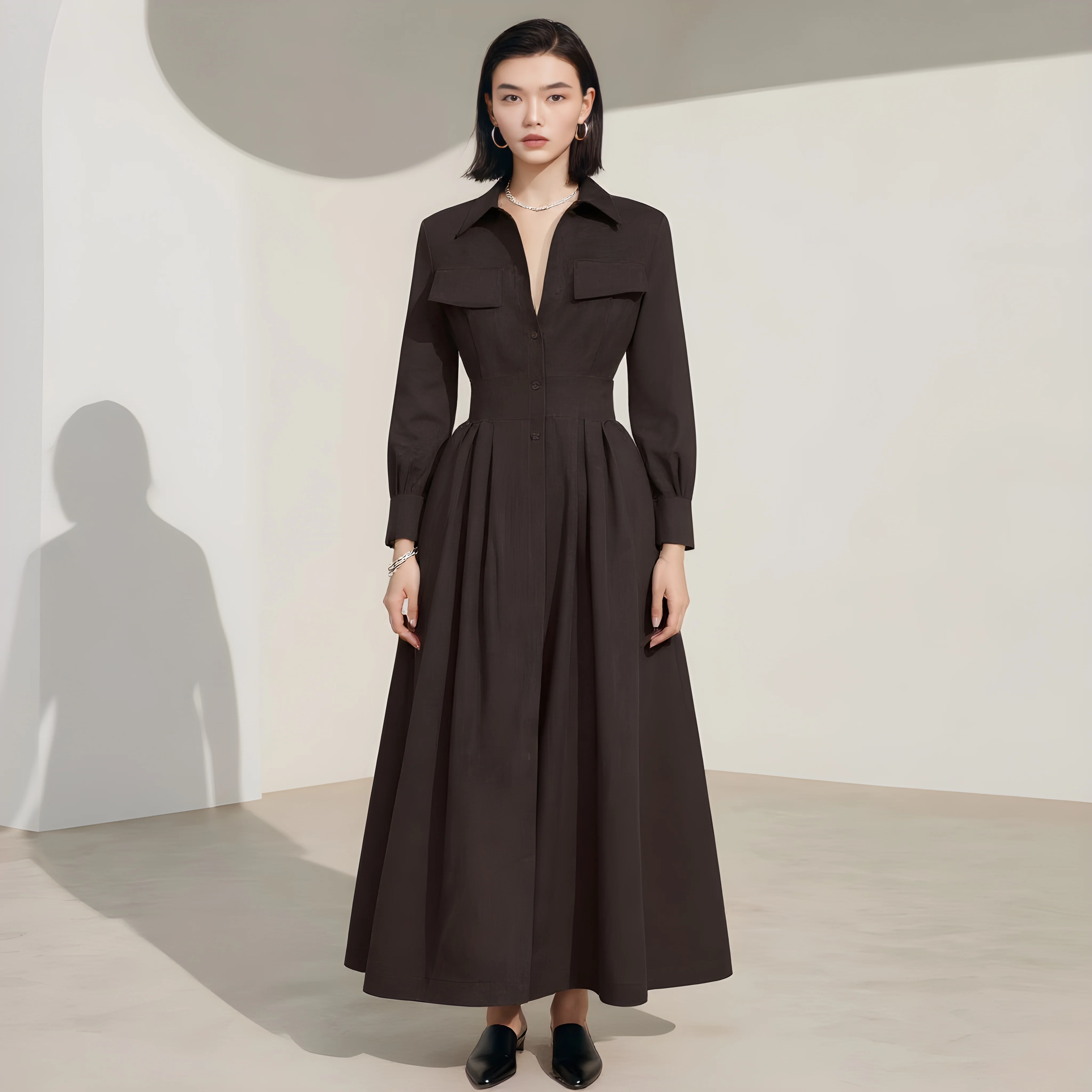 Lose Fit Mid-Länge Kleid Herbst Winter Kleidung Mit Hemd Kragen Gerade Hülse Casual Stil frauen Rock Typ kleid